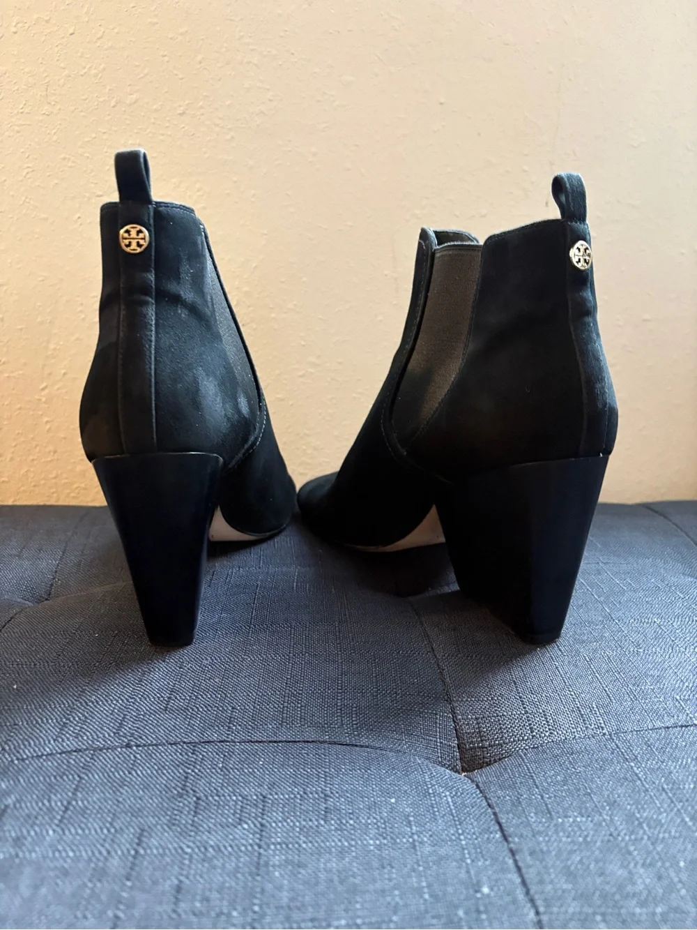 Tory Burch Black Suede Peep-Toe Block Heel Booties